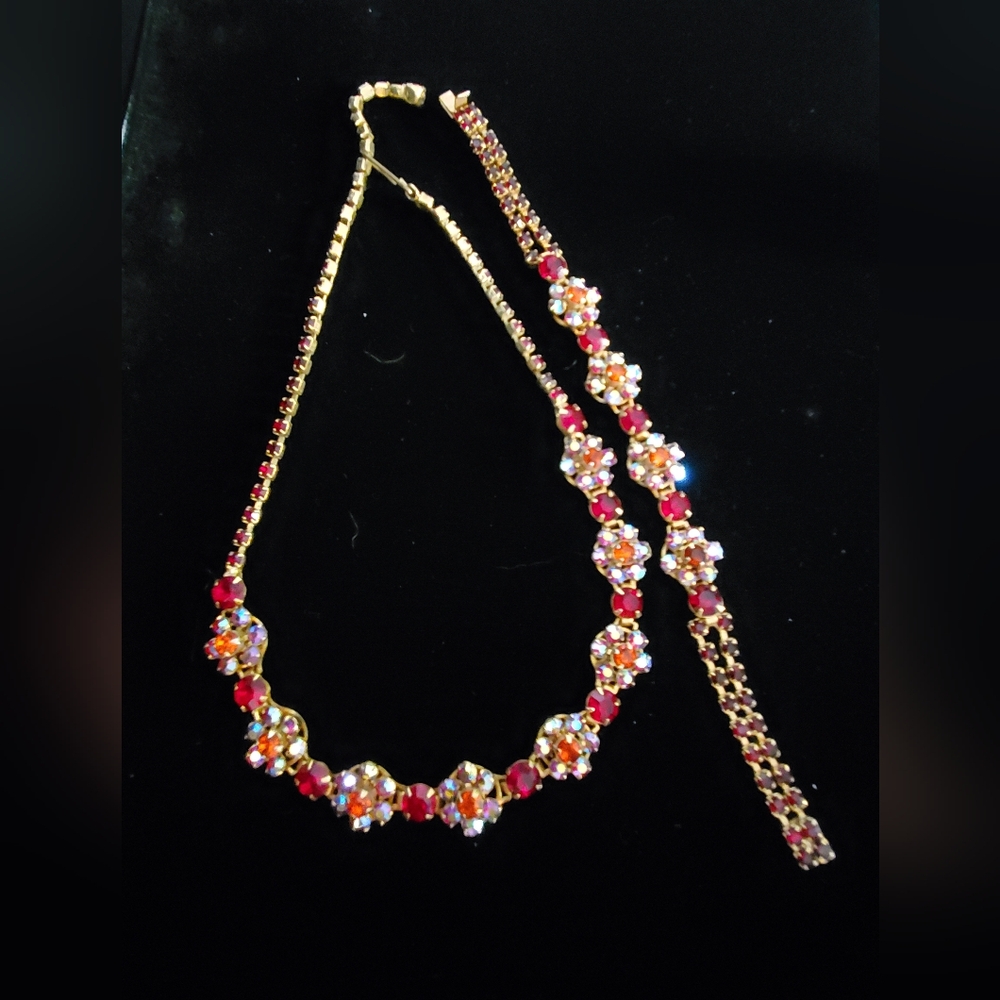 Kramer NY Floral Red & Aurora Borealis Rhinestone Set 1950's Prom Petite